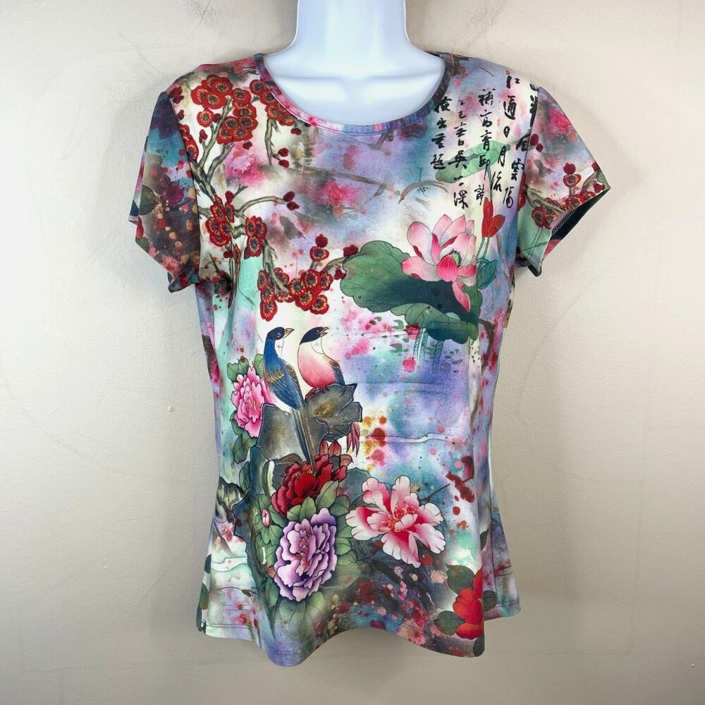 Vintage Y2K Jessica Max Top Medium All Over Asian Bird Print Floral Art To Wear